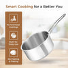 Stainless steel pot with features listed on a brown card against a blurred kitchen background