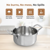 Stainless steel pot with features labeled 'No burns, No mess, No Spills' on a blurred kitchen background.