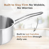 Stainless steel saucepan with text about stability and durability on a blurred kitchen background