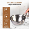 Stainless steel triply tadka pan with features listed on a brown panel against a white background