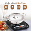 Stainless steel wok on an electric cooktop with cooking utensils and ingredients in the background.