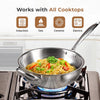 Stainless steel wok with noodles and vegetables on a stove, labeled for compatibility with all cooktop types.