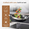 Stainless steel wok with vegetables on a stove, featuring non-stick surface, even heating, and honey-comb texture.