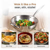 Stainless steel wok with vegetables on a wooden surface, accompanied by images of stir-fries, fried rice, and Manchurian dishes.