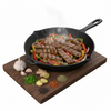 Steak and vegetable stir-fry in a cast iron skillet on a wooden cutting board with spices and herbs.
