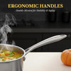 Stovetop with soup and a pumpkin, emphasizing ergonomic handles on a blurred kitchen background.