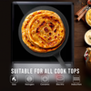 Three flatbreads on a black frying pan with text 'Suitable for all cook tops' and icons below.