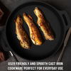Three pieces of meat cooking on a cast iron skillet with text about its usability.