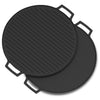 Two round black cast iron griddle plates on a white background