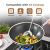 Wok with food on a stove, showing compatibility with various cooktop types.
