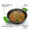 Wok with food and green handles labeled for features on a white background