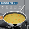 Frying pan with soup on a stove, suitable for all cooktop types.
