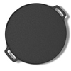 Round black cast iron griddle with handles on a white background