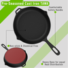Pre-seasoned cast iron Tawa with features highlighted on a green and white background
