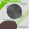 Pre-seasoned cast iron Tawa with features highlighted on a gray background