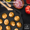 Pre-seasoned cast iron cookware with food on a dark surface