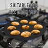 Black cast iron griddle with cooked food on a stove, suitable for various cooktop types.