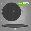 Black cast iron griddle with measurements on a gray background