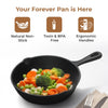 Black cast iron pan with vegetables on a white background, featuring icons for natural non-stick, toxin & BPA free, and ergonomic handles.