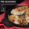 Pre-seasoned cast iron skillet with a cooked on a red surface