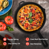 Pizza in a cast iron skillet with tomatoes and basil on a gray surface, featuring the Esspy brand.