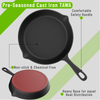 Pre-seasoned cast iron tawa with features highlighted on a green and gray background
