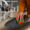 Person cleaning a pan with a sponge, accompanied by a cleaning process diagram.