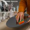 Person cleaning a pot with a sponge, accompanied by a cleaning process diagram.