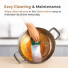 Person cleaning a pot with a sponge, with text about easy cleaning and maintenance.
