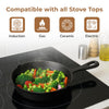 Frying pan with vegetables on a stove top, showing compatibility with various cooktop types.