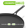 Black frying pan with ergonomic handles on a white background