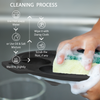 Cleaning process diagram with a hand scrubbing a black pan using a sponge.