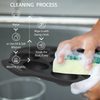 Cleaning process diagram with a hand using a sponge on a muffin tin.