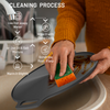 Cleaning process diagram with hands scrubbing a pot using a sponge.