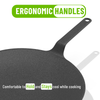Black frying pan with ergonomic handle on a white background