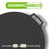 Black cast iron griddle with ergonomic handles on a white background