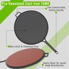 Pre-seasoned cast iron tawa with features highlighted on a green and white background
