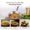Multi-use fry pan with cooked vegetables, surrounded by images of Biryani, Paneer, and Aloo Tikki dishes.