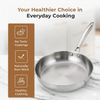 Stainless steel frying pan with a brown informational panel on a marble surface