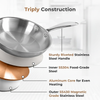 Stainless steel frying pan with labeled construction details on a white background