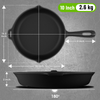 Black frying pan with measurements on a gray background