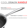 Stainless steel frying pan with text describing 'Cool Stealth Handle' features on a white background.