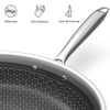 Stainless steel frying pan with honeycomb base design on a white background