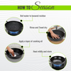 Step-by-step guide on how to season a frying pan with illustrations and text.