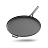 Black cast iron skillet on a white background