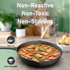 Cast iron skillet with food on a wooden table, featuring text about properties of cast iron cookware.