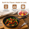 Cast iron skillet with vegetables on a wooden cutting board, surrounded by ingredients and text about product features.
