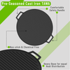 Pre-seasoned cast iron tawa with features highlighted on a gray background