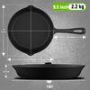 Black frying pan with measurements and weight displayed on a gray background