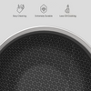 Close-up of a non-stick frying pan with honeycomb pattern and features listed above.